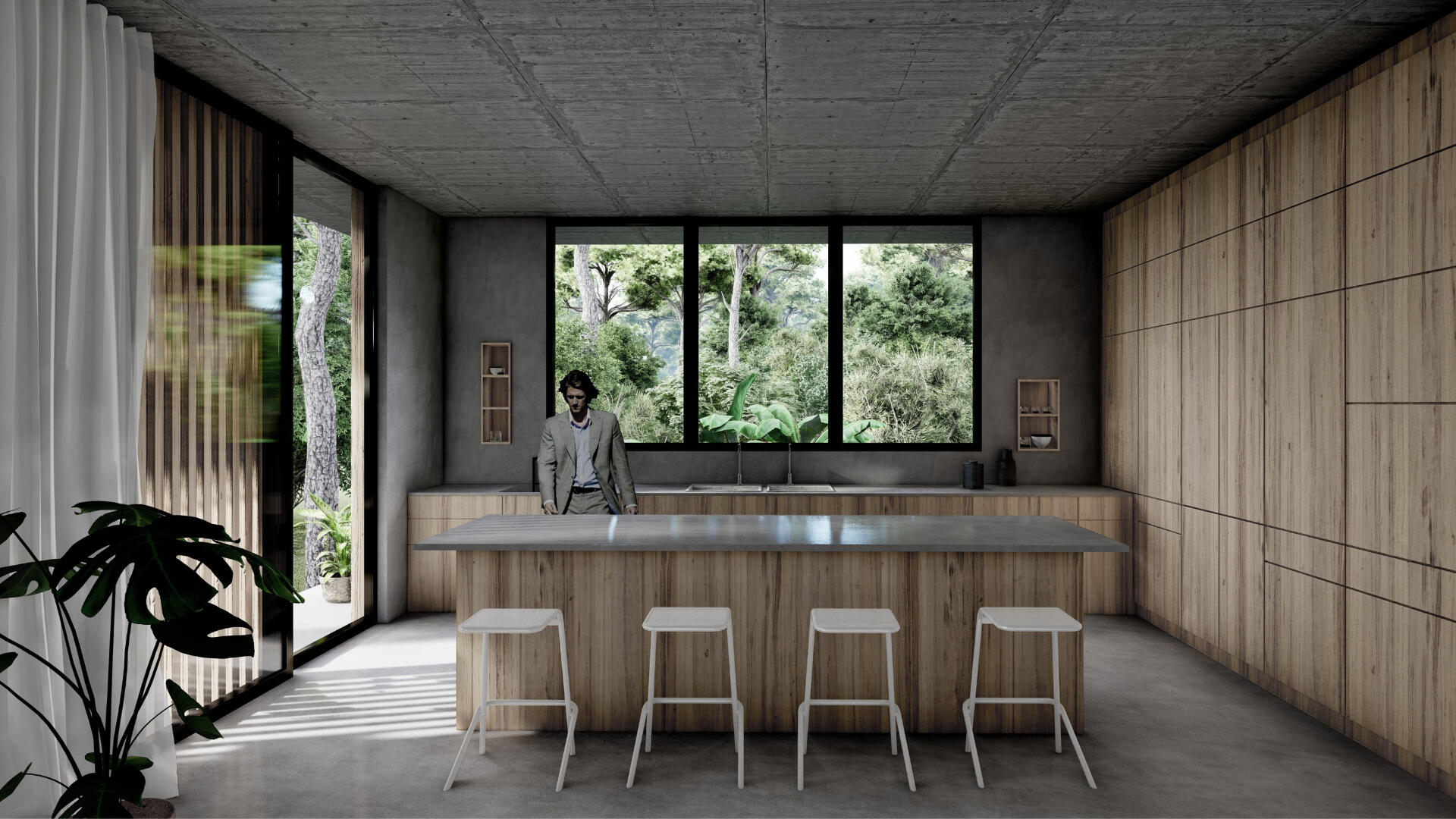 La cocina se conecta con un espacio multifuncional exterior.