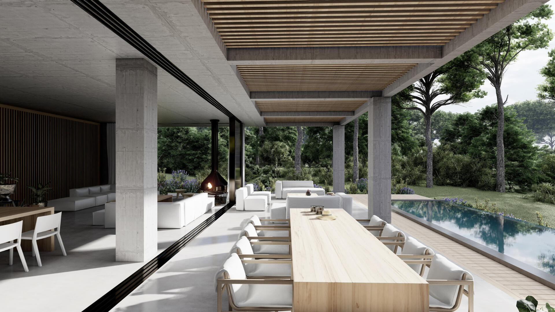 Incluye un comedor y parrilla, y se abre hacia la piscina de borde infinito.